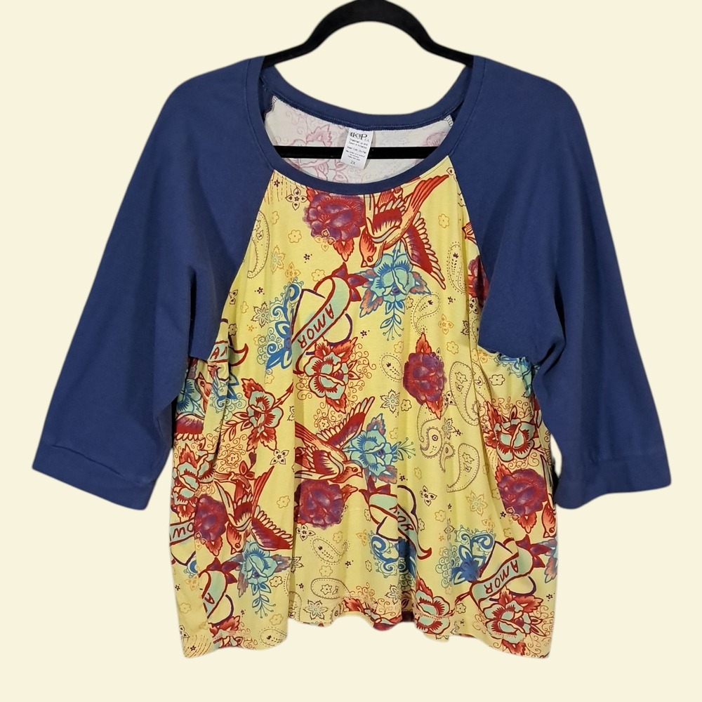 Kpea Top Shirt Womens 2X Yellow Blue Dove Retro Artsy‎ Tattoo Grunge Stretch USA